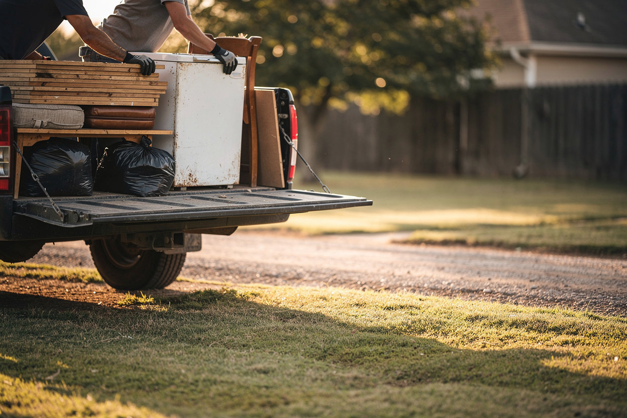 Legacy Home & Land Services LLC crew hauling junk and debris from a cleared Hutto, Texas property during a junk removal and storm cleanup job